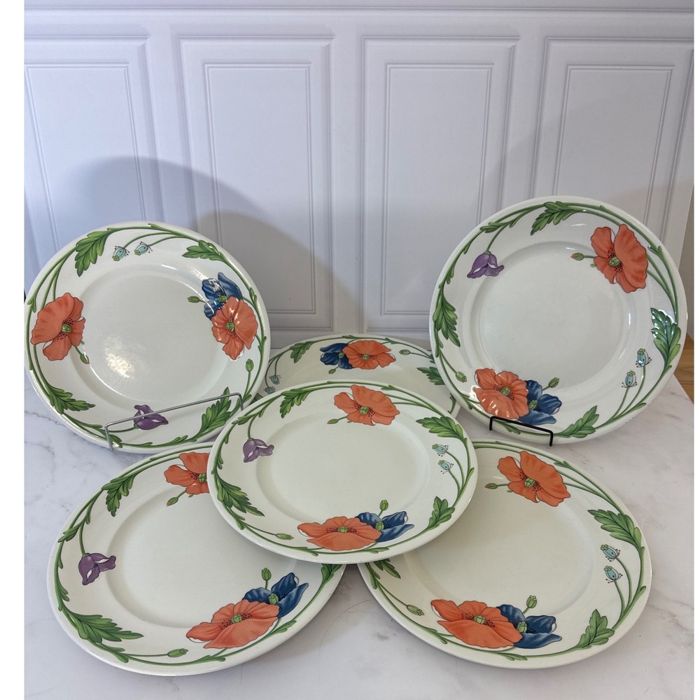 Villeroy & Boch Amapola Dinner Plates Set of 6 Orange Poppy Vitro-Porcelain